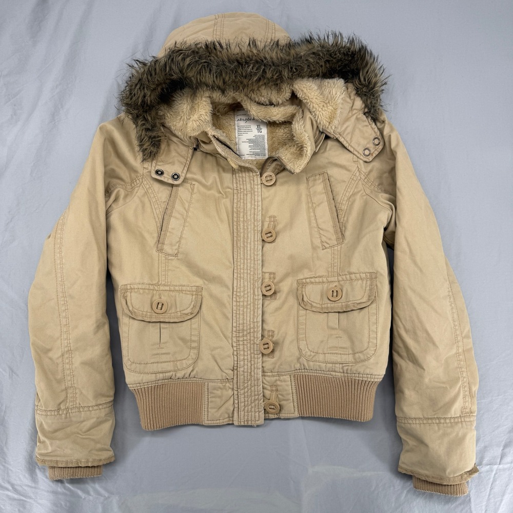 Aeropostale Womens XL Tan Khaki Sherpa Lined Faux Fur Hooded Bomber Jacket